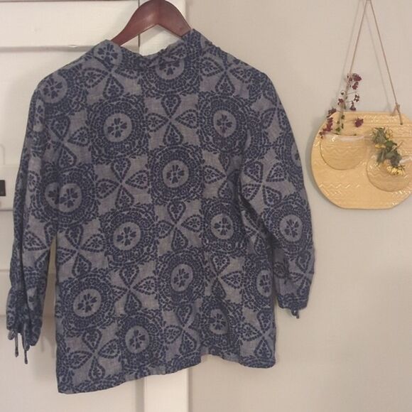 JM Collection Blue Linen Pattern Button Up Lightweight Jacket Shirt 14 Petite - Picture 4 of 5